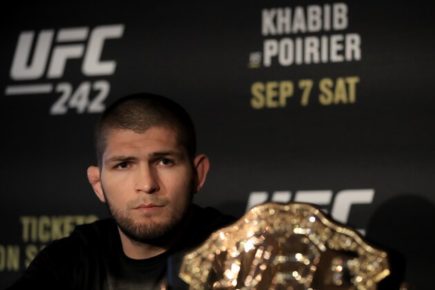 LONDON, ENGLAND - JUNE 12: Khabib Nurmagomedov reacts during a UFC 242 Press Conference at Hotel Cafe Royal on June 12, 2019 in London, England. (Photo by Marc Atkins/Zuffa LLC/Zuffa LLC) LONDON, ENGLAND - JUNE 12: Khabib Nurmagomedov reacts during a UFC 242 Press Conference at Hotel Cafe Royal on June 12, 2019 in London, England. (Photo by Marc Atkins/Zuffa LLC/Zuffa LLC)