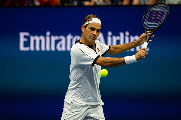 NEW YORK, NEW YORK - AUGUST 28: Roger Federer of Switzerland hits a backhand against Damir Dzumhyr of Bosnia and Herzegovina in the second round of the US Open at the USTA Billie Jean King National Tennis Center on August 28, 2019 in New York City. (Photo by TPN/Getty Images)