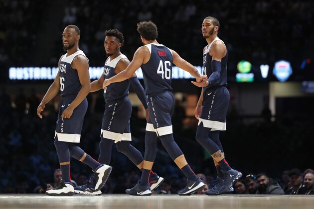 MELBOURNE, AUS - AUGUST 24: Kemba Walker #26, Donovan Mitchell #53, Derrick White #46, and Jayson Tatum #34 of USA are seen on the court against the Australia Boomers on August 24, 2019 at Marvel Stadium in Melbourne, Australia. NOTE TO USER: User expressly acknowledges and agrees that, by downloading and/or using this photograph, user is consenting to the terms and conditions of the Getty Images License Agreement. Mandatory Copyright Notice: Copyright 2019 NBAE  (Photo by Joe Murphy/NBAE via Getty Images)