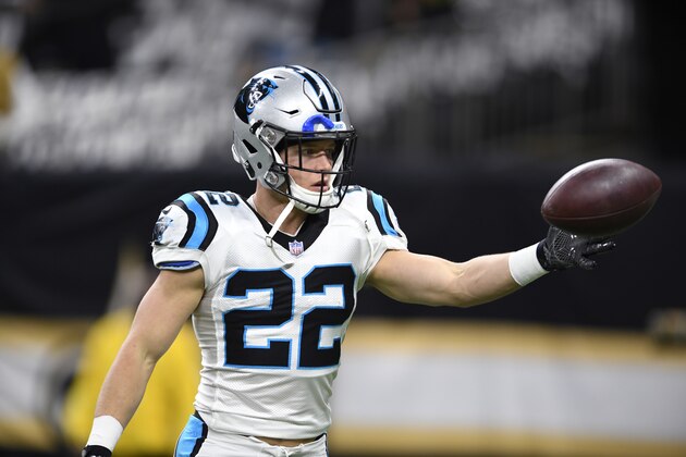 Carolina Panthers running back Christian McCaffrey (22) warms up before an NFL football game against the New Orleans Saints in New Orleans, Sunday, Dec. 30, 2018. (AP Photo/Bill Feig)