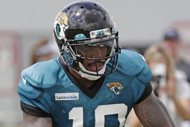 Jacksonville Jaguars wide receiver Terrelle Pryor Sr. (10) runs after a reception during an NFL football practice at the teams training facility, Thursday, Aug. 1, 2019, in Jacksonville, Fla. (AP Photo/John Raoux)