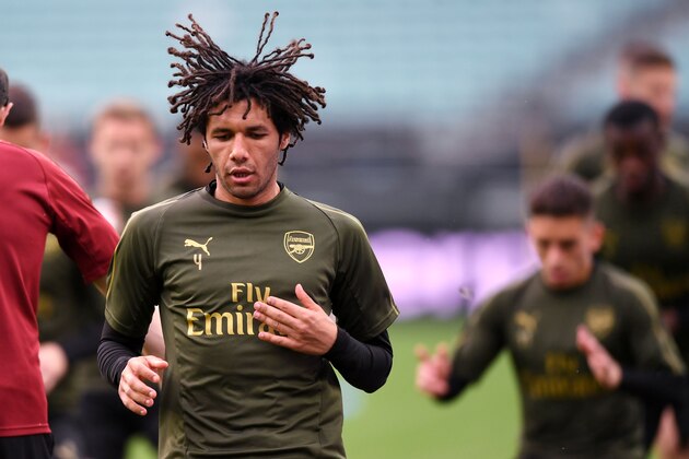 Arsenal's Egyptian midfielder Mohamed Elneny attends a training session at the Baku Olympic Stadium in Baku on May 28, 2019 on the eve of the UEFA Europa League final football match between Chelsea and Arsenal. (Photo by OZAN KOSE / AFP)        (Photo credit should read OZAN KOSE/AFP/Getty Images)