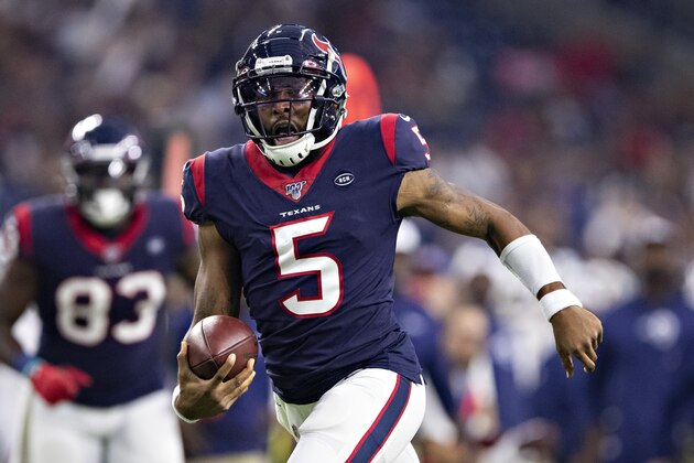HOUSTON, TX - AUGUST 29:  Joe Webb III #5 of the Houston Texans runs the ball during a game against the Los Angeles Rams during week four of the preseason at NRG Stadium on August 29, 2019 in Houston, Texas.  (Photo by Wesley Hitt/Getty Images)