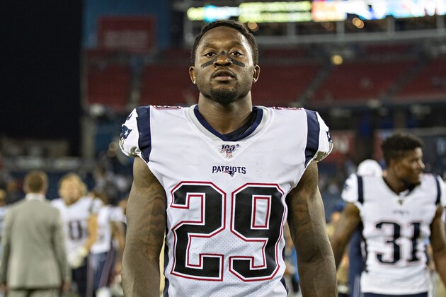 NASHVILLE, TN - AUGUST 17:  Duke Dawson Jr. #29 of the New England Patriots walks off the field after a game against the Tennessee Titans during week two of the preseason at Nissan Stadium on August 17, 2019 in Nashville, Tennessee.  The Patriots defeated the Titans 22-17.  (Photo by Wesley Hitt/Getty Images)
