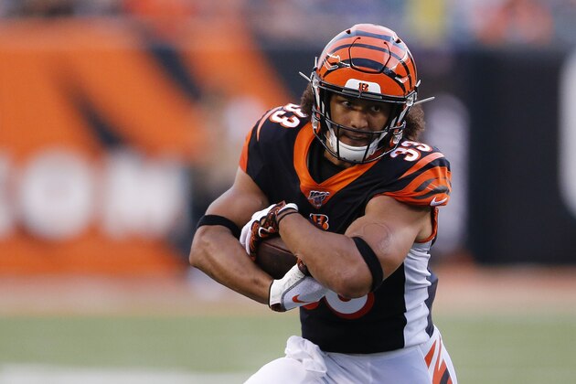 Cincinnati Bengals running back Rodney Anderson runs the ball during the first half of an NFL preseason football game against the New York Giants, Thursday, Aug. 22, 2019, in Cincinnati. (AP Photo/Gary Landers)