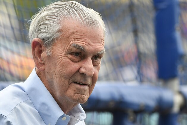 KANSAS CITY, MO - AUGUST 7: David Glass owner of the Kansas City Royals watches batting practice prior to a game against the Chicago Cubs at Kauffman Stadium on August 7, 2018 in Kansas City, Missouri. (Photo by Ed Zurga/Getty Images)