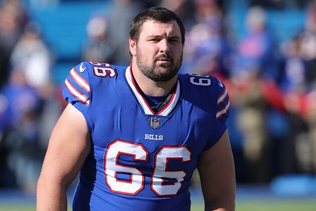 BUFFALO, NY - NOVEMBER 04: Russell Bodine #66 of the Buffalo Bills warms up before the start of NFL game action against the Chicago Bears at New Era Field on November 4, 2018 in Buffalo, New York. (Photo by Tom Szczerbowski/Getty Images)