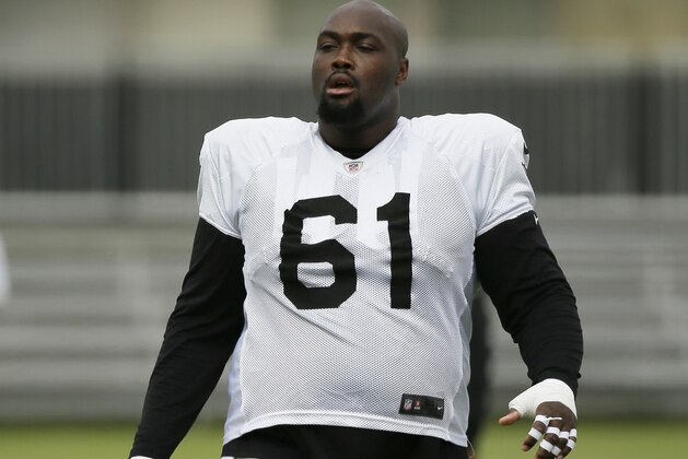 Oakland Raiders center Rodney Hudson (61) during NFL football training camp Monday, July 29, 2019, in Napa, Calif. (AP Photo/Eric Risberg)