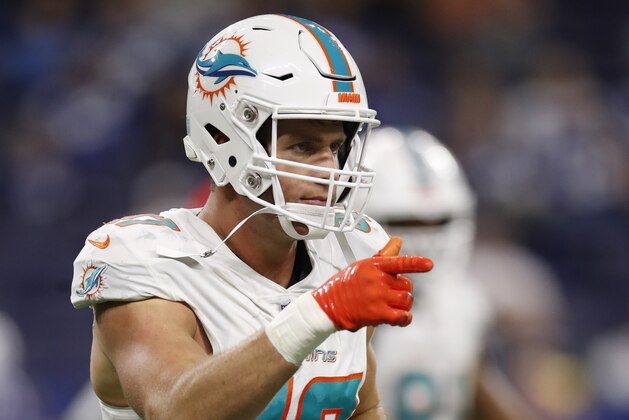 Miami Dolphins outside linebacker Kiko Alonso (47) reacts after he blocked a punt against the Indianapolis Colts during an NFL football game in Indianapolis, Sunday, Nov. 25, 2018. The Colts won the game 27-24. (Jeff Haynes/AP Images for Panini)