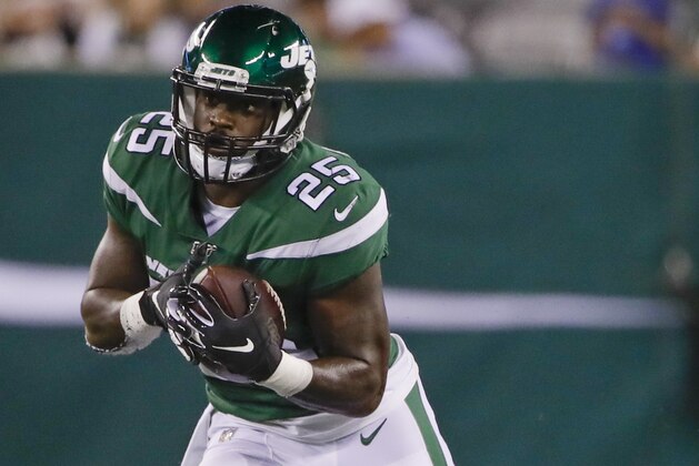 New York Jets running back Elijah McGuire (25) rushes during the second half of a preseason NFL football game against the Philadelphia Eagles, Thursday, Aug. 29, 2019, in East Rutherford, N.J. (AP Photo/Matt Rourke)