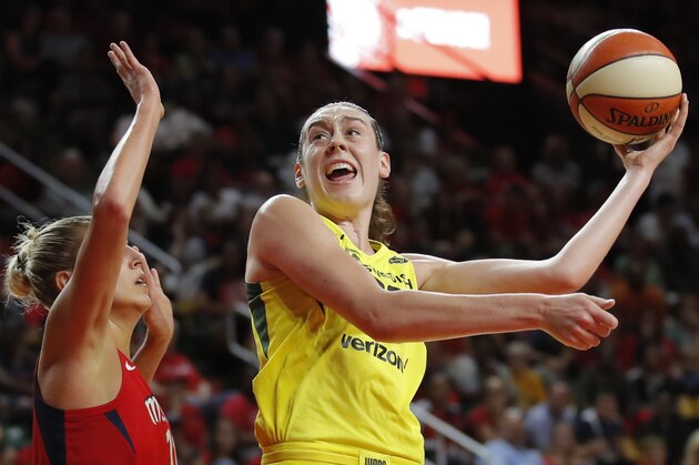 Seattle Storm forward Breanna Stewart (30) shoots as Washington Mystics forward Elena Delle Donne (11) defends during the second half of Game 3 of the WNBA basketball finals, Wednesday, Sept. 18 2018, in Fairfax, Va. The Seattle Storm won 98-82. (AP Photo/Carolyn Kaster)