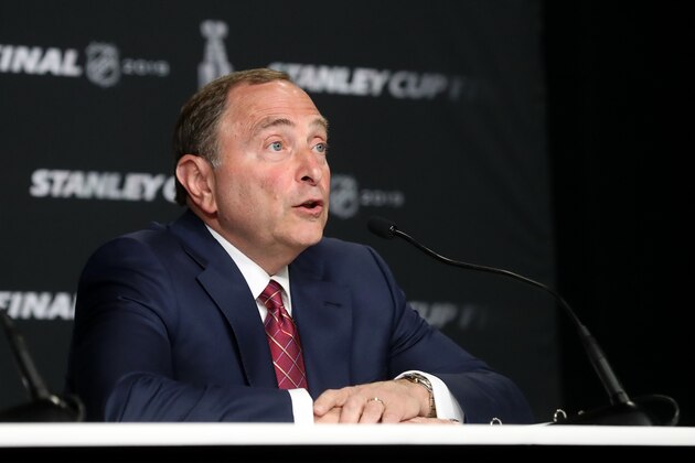 BOSTON, MASSACHUSETTS - MAY 27: NHL Commissioner Gary Bettman speaks during a press conference prior to Game One of the 2019 NHL Stanley Cup Final between the Boston Bruins and the St. Louis Blues at TD Garden on May 27, 2019 in Boston, Massachusetts. (Photo by Bruce Bennett/Getty Images)