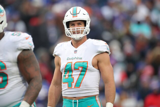 BUFFALO, NY - DECEMBER 30: Kiko Alonso #47 of the Miami Dolphins looks on during NFL game action against the Buffalo Bills at New Era Field on December 30, 2018 in Buffalo, New York. (Photo by Tom Szczerbowski/Getty Images)