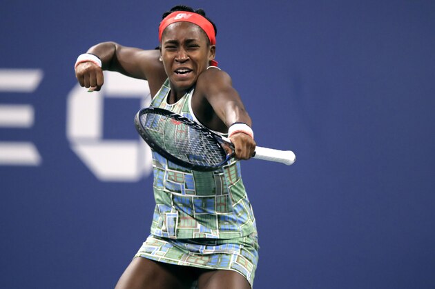 Coco Gauff, of the United States, celebrates after defeating Timea Babos, of Hungary, during the second round of the U.S. Open tennis tournament in New York, Thursday, Aug. 29, 2019. (AP Photo/Charles Krupa)