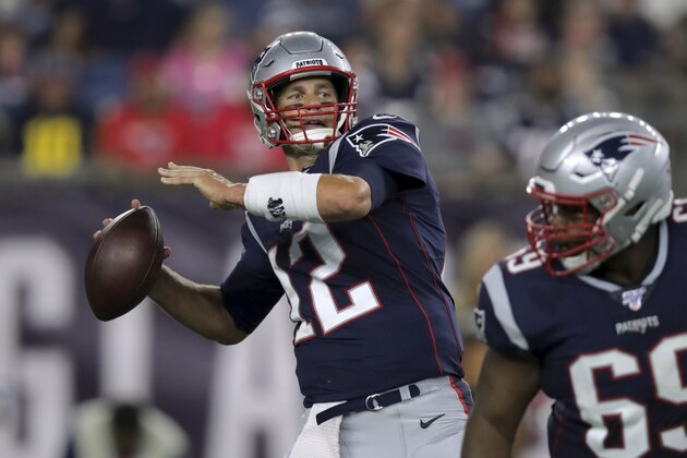New England Patriots quarterback Tom Brady passes against the Carolina Panthers in the first quarter of an NFL preseason football game, Thursday, Aug. 22, 2019, in Foxborough, Mass. (AP Photo/Charles Krupa)
