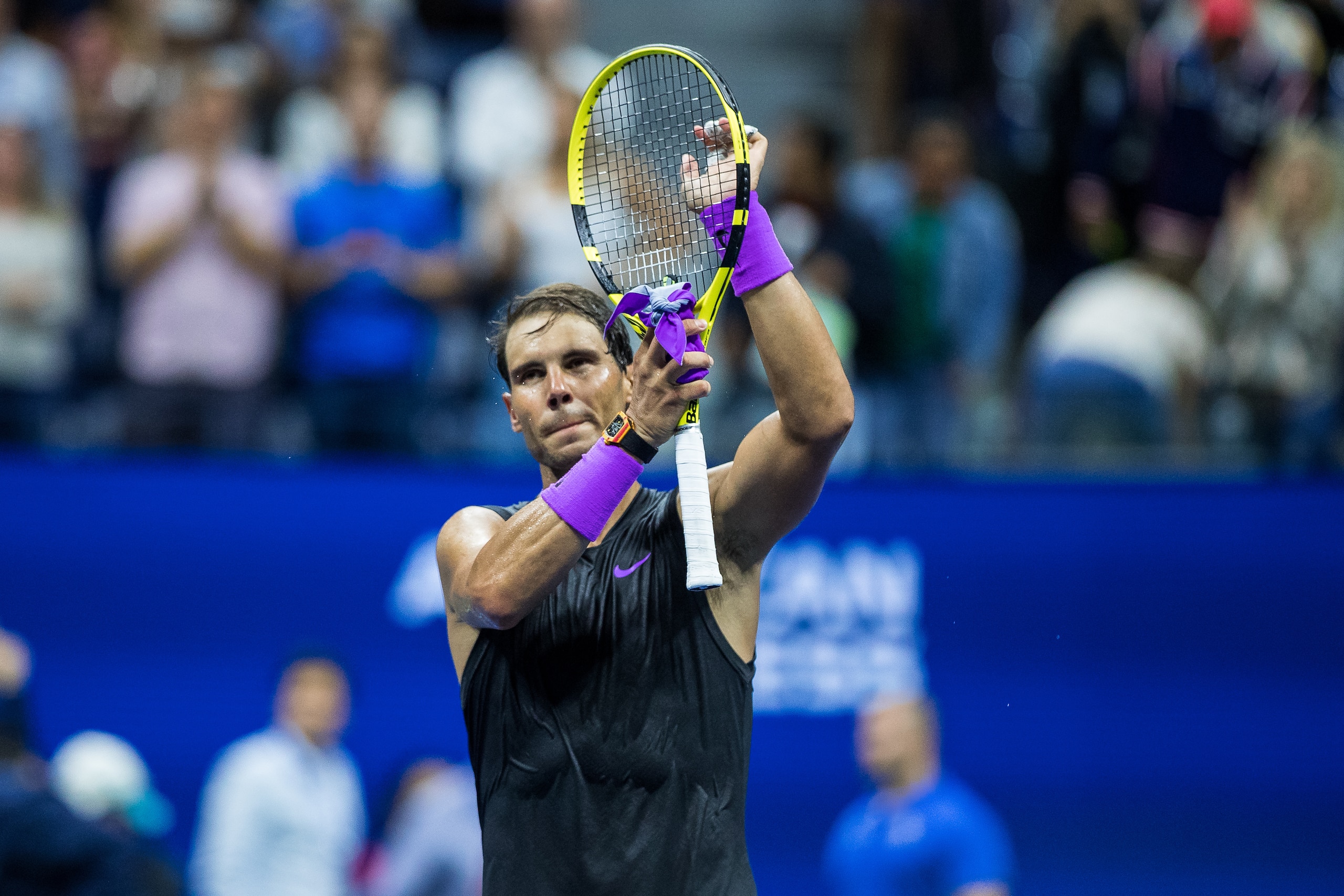 NEW YORK, NEW YORK - AUGUST 27: Rafael Nadal of Spain thanks the crowd after his Men's Singles first round match against John Millman of Australia on day two of the US Open at the USTA Billie Jean King National Tennis Center on August 27, 2019 in the Flushing neighborhood of the Queens borough of New York City. (Photo by Chaz Niell/Getty Images)