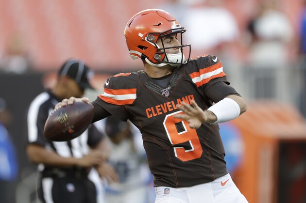 Cleveland Browns quarterback David Blough warms up before an NFL preseason football game against the Detroit Lions, Thursday, Aug. 29, 2019, in Cleveland. (AP Photo/Ron Schwane)