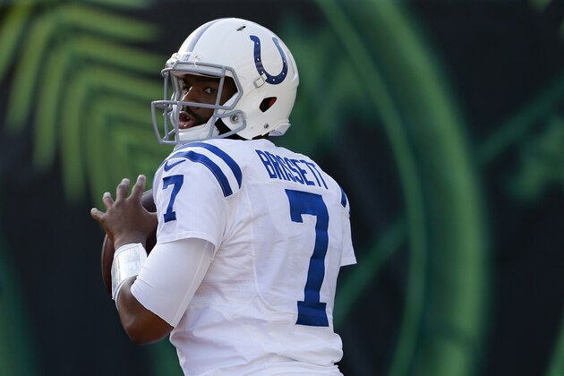 Indianapolis Colts quarterback Jacoby Brissett warms up for the team's NFL preseason football game against the Cincinnati Bengals, Thursday, Aug. 29, 2019, in Cincinnati. (AP Photo/Gary Landers)