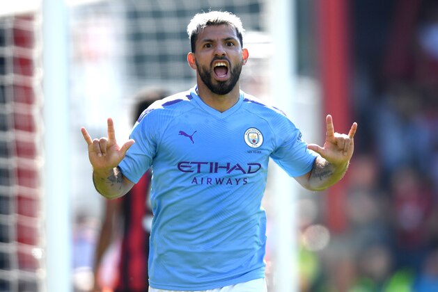 BOURNEMOUTH, ENGLAND - AUGUST 25: Sergio Aguero of Manchester City celebrates after scoring his team's third goal during the Premier League match between AFC Bournemouth and Manchester City at Vitality Stadium on August 25, 2019 in Bournemouth, United Kingdom. (Photo by Mike Hewitt/Getty Images)