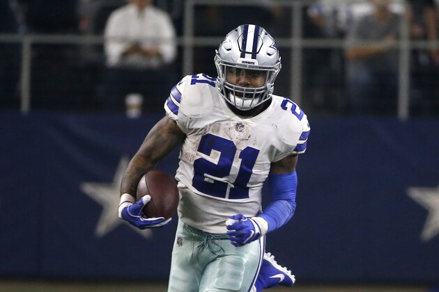 Dallas Cowboys running back Ezekiel Elliott (21) runs the ball against the Seattle Seahawks during an NFC wild-card NFL football game in Arlington, Texas, Saturday, Jan. 5, 2019.(AP Photo/Ron Jenkins)