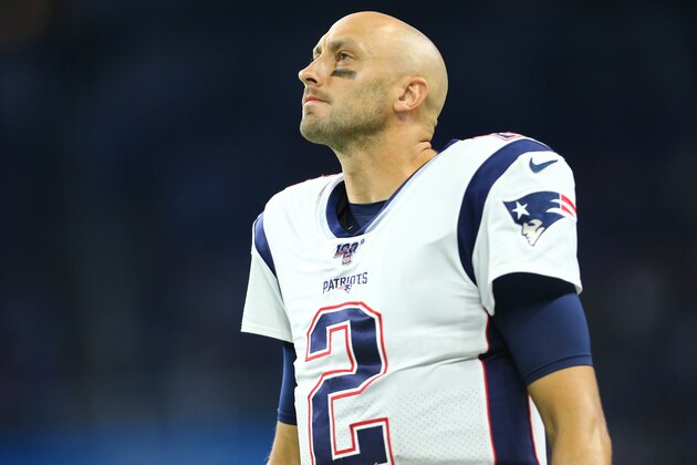 DETROIT, MI - AUGUST 08: Brian Hoyer #2 of the New England Patriots looks on during the preseason game against the Detroit Lions at Ford Field on August 8, 2019 in Detroit, Michigan. (Photo by Rey Del Rio/Getty Images)