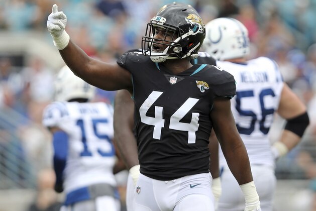 Jacksonville Jaguars middle linebacker Myles Jack (44) reacts after making a big play during the first half of an NFL football game, Sunday, Dec. 2, 2018, in Jacksonville, Fla. (AP Photo/Gary McCullough)