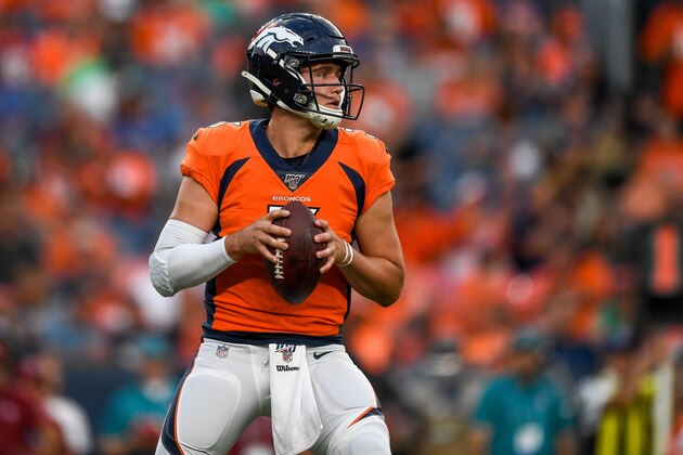DENVER, CO - AUGUST 19:  Quarterback Drew Lock #3 of the Denver Broncos drops back to pass against the San Francisco 49ers in the second quarter during a preseason National Football League game at Broncos Stadium at Mile High on August 19, 2019 in Denver, Colorado. (Photo by Dustin Bradford/Getty Images)