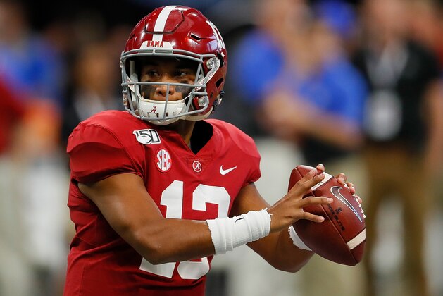 ATLANTA, GEORGIA - AUGUST 31:  Tua Tagovailoa #13 of the Alabama Crimson Tide warms up prior to facing the Duke Blue Devils at Mercedes-Benz Stadium on August 31, 2019 in Atlanta, Georgia. (Photo by Kevin C. Cox/Getty Images)