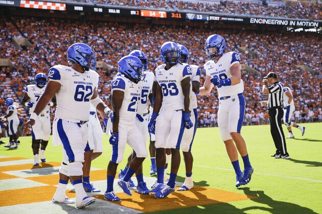 KNOXVILLE, TENNESSEE - AUGUST 31: Cornelius McCoy #83 of the Georgia State Panthers celebrates in the end-zone with his teammates after scoring a touchdown against the Tennessee Volunteers during the second quarter of the season opener at Neyland Stadium on August 31, 2019 in Knoxville, Tennessee. (Photo by Silas Walker/Getty Images)