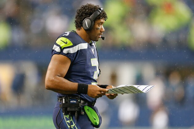 SEATTLE, WA - AUGUST 29:  Quarterback Russell Wilson #3 of the Seattle Seahawks looks on during the preseason game against the Oakland Raiders at CenturyLink Field on August 29, 2019 in Seattle, Washington.  (Photo by Otto Greule Jr/Getty Images)