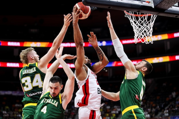 DONGGUAN, CHINA - SEPTEMBER 01: #24 Khem Birch of Canada drives the ball during the 2019 FIBA World Cup, first round match between Canada and Australia at Dongguan Basketball Center on September 01, 2019 in Dongguan, China. (Photo by Zhizhao Wu/Getty Images)
