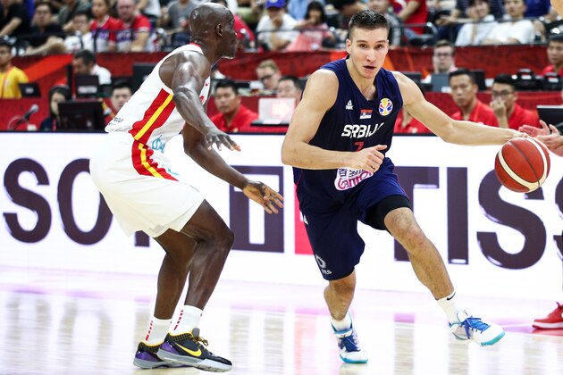 FOSHAN, CHINA - AUGUST 31:#7 Bogdan Bogdanovic of the Serbia National Team in action against the Angola National Team during the 1st round of 2019 FIBA World Cup at GBA International Sports and Cultural Center on August 31, 2019 in Foshan, China.  (Photo by Zhong Zhi/Getty Images)