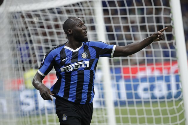 Inter Milan's Romelu Lukaku celebrates after scoring his side's third goal during the Serie A soccer match between Inter Milan and Lecce at the San Siro stadium, in Milan, Italy, Monday, Aug. 26, 2019. (AP Photo/Luca Bruno)