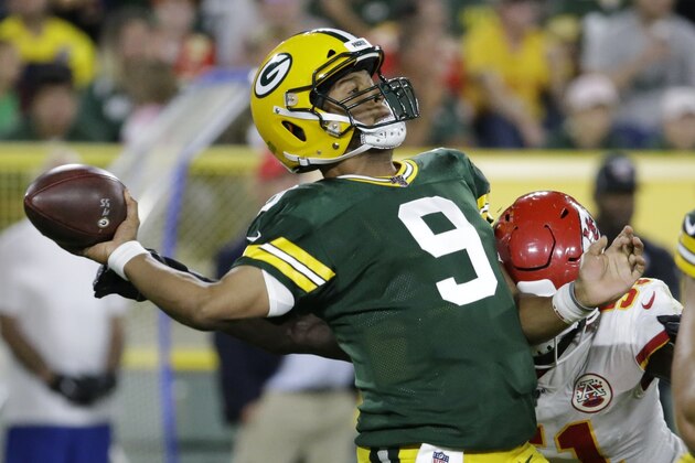 Green Bay Packers' DeShone Kizer throws during the second half of a preseason NFL football game against the Kansas City Chiefs Thursday, Aug. 29, 2019, in Green Bay, Wis. (AP Photo/Mike Roemer)