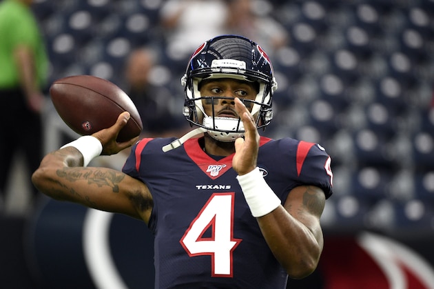 Houston Texans quarterback Deshaun Watson warms up before a preseason NFL football game against the Los Angeles Rams Thursday, Aug. 29, 2019, in Houston. (AP Photo/Eric Christian Smith)