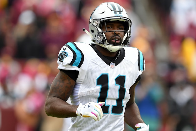 LANDOVER, MD - OCTOBER 14:  Torrey Smith #11 of the Carolina Panthers runs off the field during the game against the Washington Redskins at FedExField on October 14, 2018 in Landover, Maryland.  (Photo by G Fiume/Getty Images)