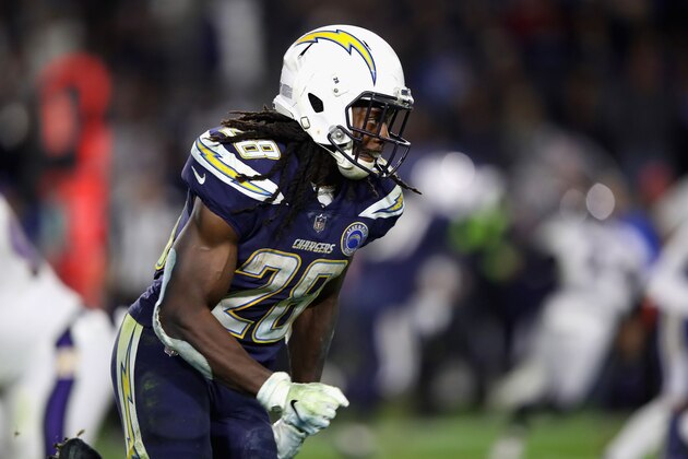 CARSON, CA - DECEMBER 22:  Melvin Gordon #28 of the Los Angeles Chargers runs on a pass play during the second half of a game against the Baltimore Ravens at StubHub Center on December 22, 2018 in Carson, California.  (Photo by Sean M. Haffey/Getty Images)
