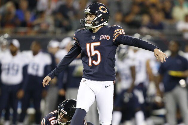 CHICAGO, ILLINOIS - AUGUST 29: Eddy Pineiro #15 of the Chicago Bears makes a field goal against the Tennessee Titans during a preseason game at Soldier Field on August 29, 2019 in Chicago, Illinois. (Photo by Nuccio DiNuzzo/Getty Images)