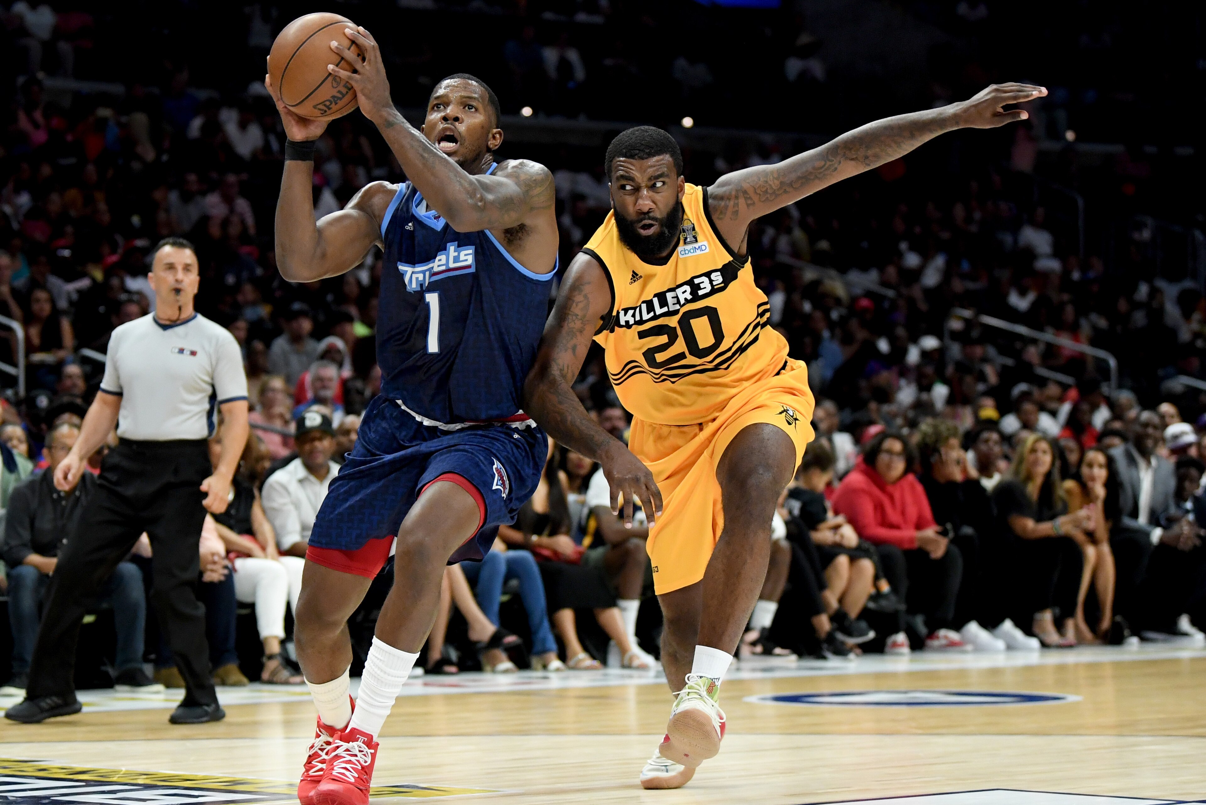 LOS ANGELES, CALIFORNIA - SEPTEMBER 01: Joe Johnson #1 of the Triplets drives past Donte Greene #20 of Killer 3s during the BIG3 Championship at Staples Center on September 01, 2019 in Los Angeles, California. (Photo by Harry How/BIG3 via Getty Images)