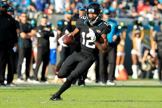 JACKSONVILLE, FLORIDA - DECEMBER 16: Dede Westbrook #12 of the Jacksonville Jaguars runs for yardage during the game at TIAA Bank Field on December 16, 2018 in Jacksonville, Florida. (Photo by Sam Greenwood/Getty Images)