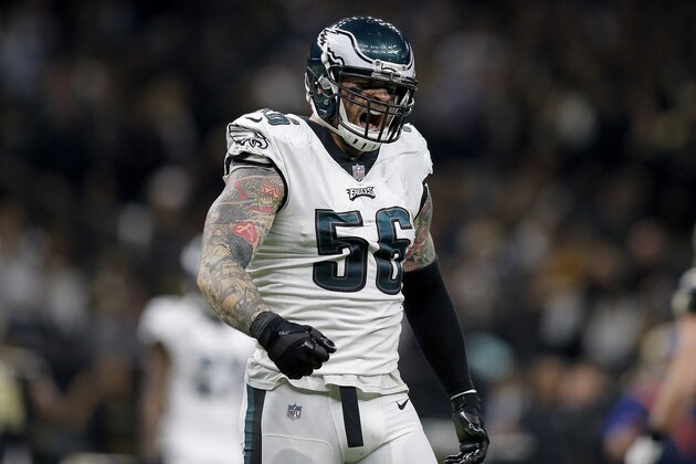 NEW ORLEANS, LOUISIANA - JANUARY 13:  Chris Long #56 of the Philadelphia Eagles celebrates a second quarter sack against the New Orleans Saints in the NFC Divisional Playoff Game at Mercedes Benz Superdome on January 13, 2019 in New Orleans, Louisiana. (Photo by Jonathan Bachman/Getty Images)
