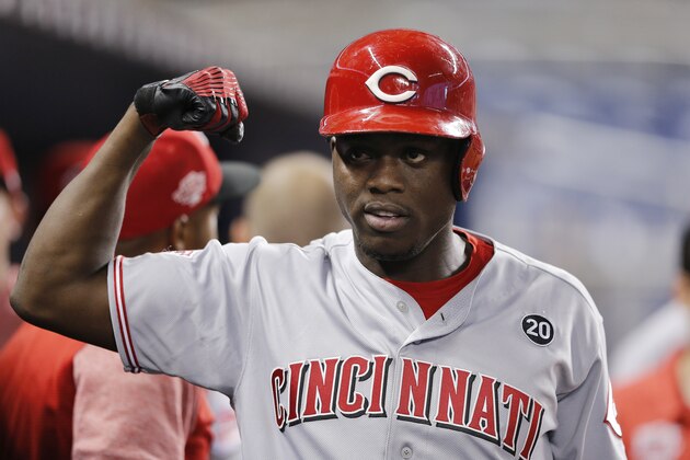 MIAMI, FLORIDA - AUGUST 29:  Aristides Aquino #44 of the Cincinnati Reds celebrates after hitting a two-run home run against the Miami Marlins during the first inning at Marlins Park on August 29, 2019 in Miami, Florida. (Photo by Michael Reaves/Getty Images)