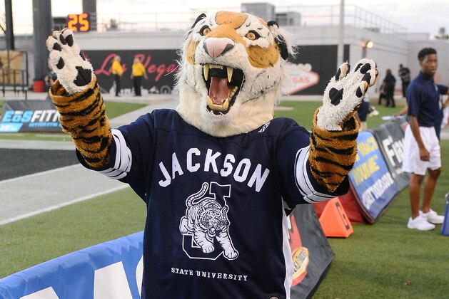 LAS VEGAS, NV - SEPTEMBER 01:  Jackson State Tigers mascot Wavee Dave poses before the team's game against the UNLV Rebels at Sam Boyd Stadium on September 1, 2016 in Las Vegas, Nevada. UNLV won 63-13.  (Photo by Ethan Miller/Getty Images)