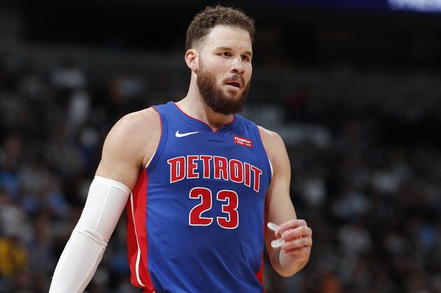 Detroit Pistons forward Blake Griffin (23) in the second half of an NBA basketball game Tuesday, March 26, 2019, in Denver. The Nuggets won 95-92. (AP Photo/David Zalubowski)