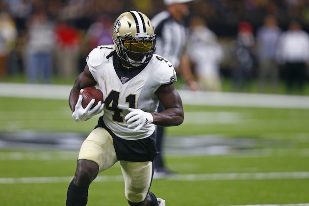 New Orleans Saints running back Alvin Kamara (41) carries in the first half of an NFL preseason football game against the Minnesota Vikings in New Orleans, Friday, Aug. 9, 2019. (AP Photo/Butch Dill)
