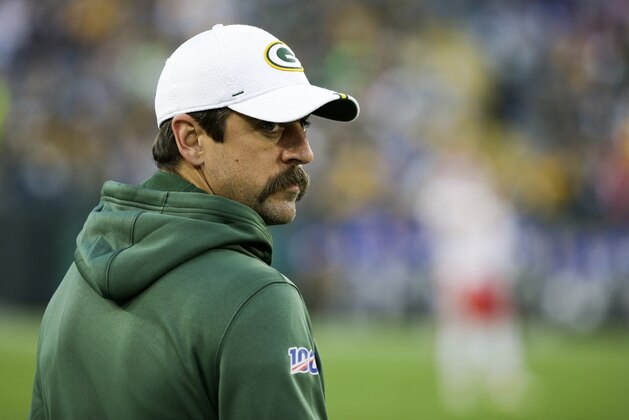 Green Bay Packers' Aaron Rodgers watches during the first half of a preseason NFL football game against the Kansas City Chiefs Thursday, Aug. 29, 2019, in Green Bay, Wis. (AP Photo/Mike Roemer)