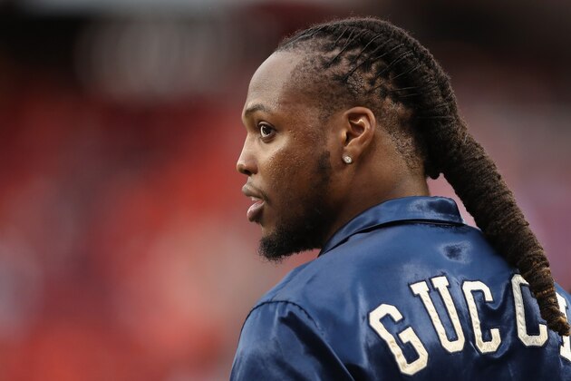 SANTA CLARA, CA - JANUARY 07:  Former Alabama Crimson Tide and current Tennessee Titans player Derrick Henry looks on during warm ups prior to the CFP National Championship between the Alabama Crimson Tide and the Clemson Tigers presented by AT&T at Levi's Stadium on January 7, 2019 in Santa Clara, California.  (Photo by Christian Petersen/Getty Images)