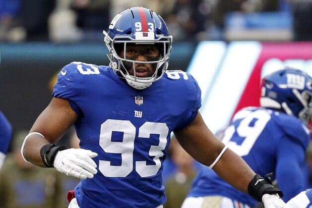 New York Giants middle linebacker B.J. Goodson (93) in action against the Tampa Bay Buccaneers during an NFL football game Sunday, Nov. 18, 2018, in East Rutherford, N.J. (AP Photo/Adam Hunger)