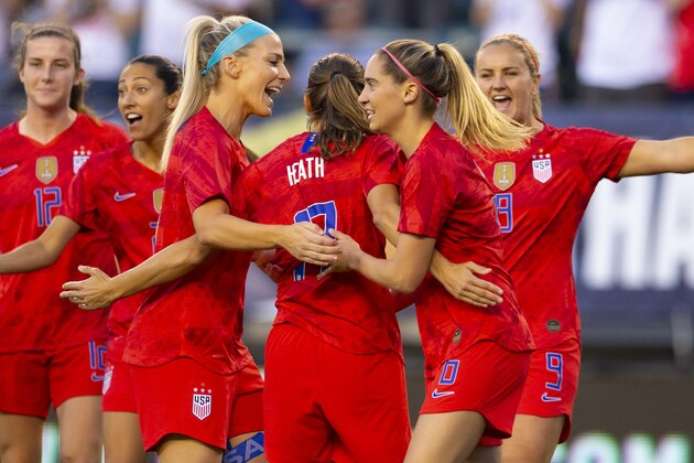 PHILADELPHIA, PA - AUGUST 29: Tobin Heath #17 of the United States celebrates her goal with Julie Ertz #8 and Morgan Brian #6 against Portugal in the first half of the second game of the USWNT Victory Tour at Lincoln Financial Field on August 29, 2019 in Philadelphia, Pennsylvania. (Photo by Mitchell Leff/Getty Images)
