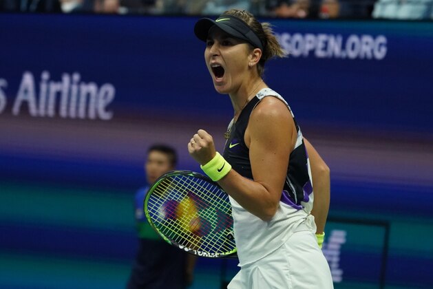 Belinda Bencic of Switzerland celebrates against Naomi Osaka of Japan during their Round Four Women's Singles match at the 2019 US Open at the USTA Billie Jean King National Tennis Center in New York on September 2, 2019. (Photo by TIMOTHY A. CLARY / AFP)        (Photo credit should read TIMOTHY A. CLARY/AFP/Getty Images)
